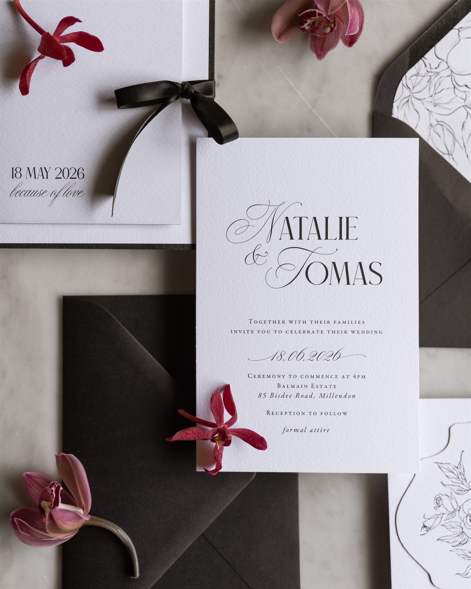The Verona Suite traditional white wedding invitation for Natalie and Tomas with black ribbon Save the Date and red orchids by Felicitations