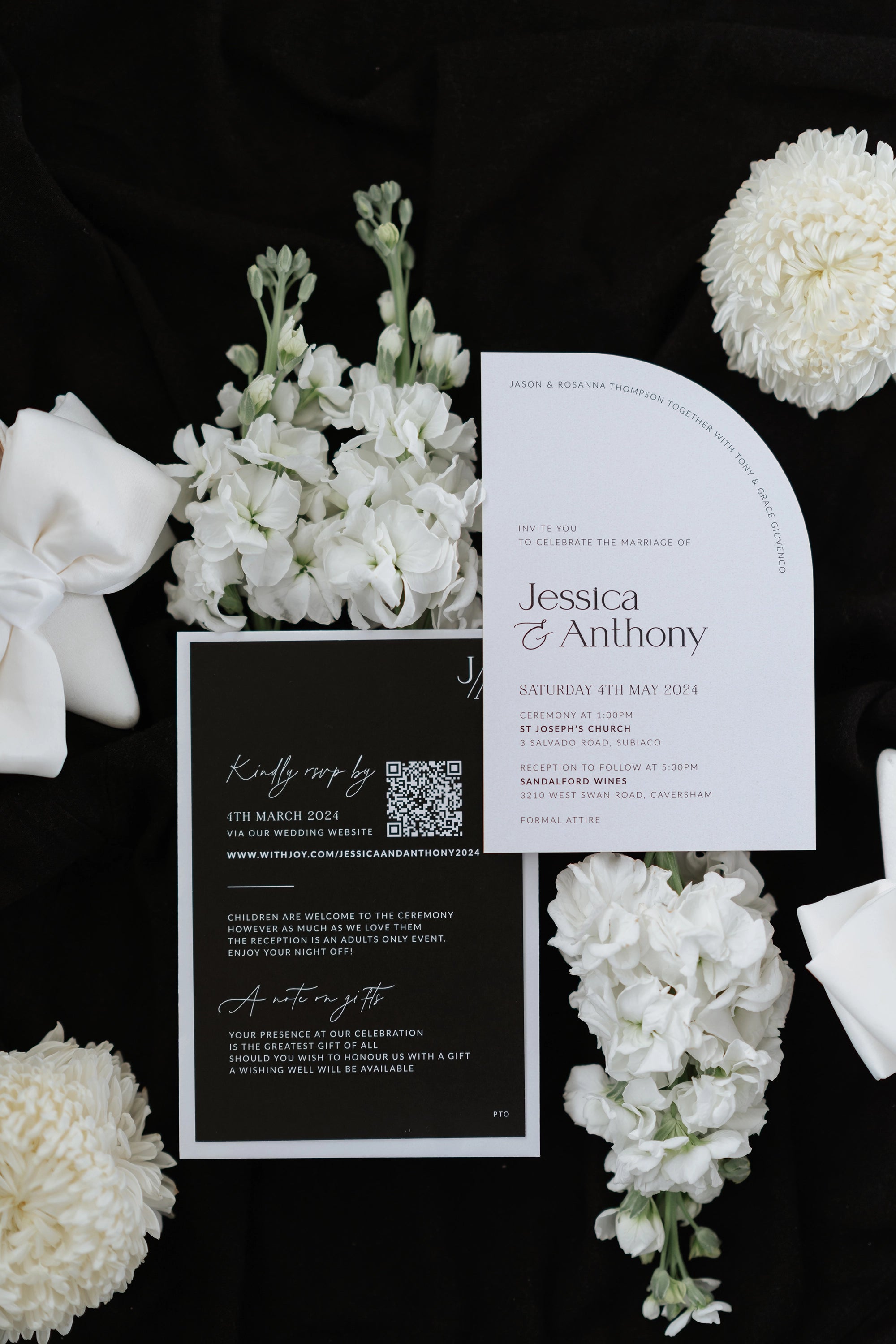 The Stockholm Suite arch wedding invitation with black QR code RSVP card and white chrysanthemums by Felicitations