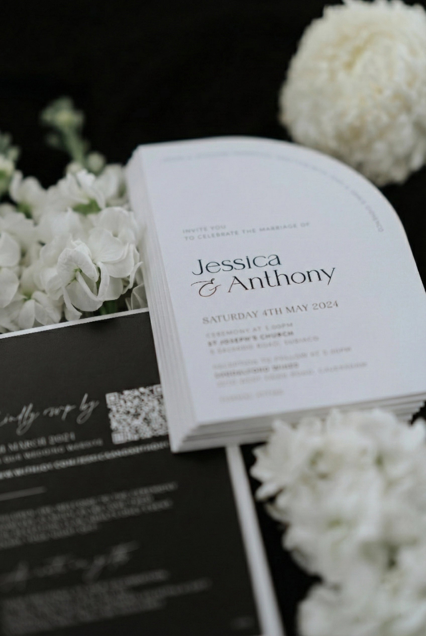 The Stockholm Suite white arch wedding invitation for Jessica and Anthony at St Josephs Church with black RSVP card by Felicitations