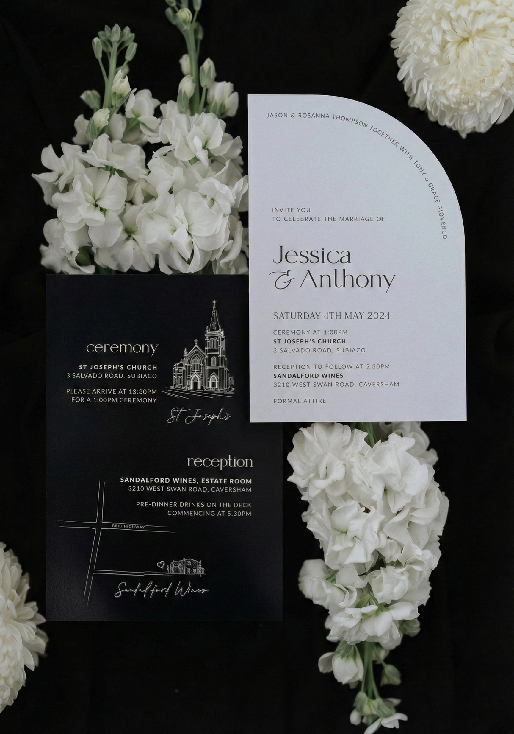 The Stockholm Suite arch invitation with black ceremony and reception detail cards featuring St Josephs Church and Sandalford Wines illustrations by Felicitations