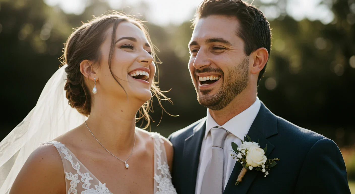 Smiling bride and groom outdoors in elegant wedding attire with pearl jewelry and boutonniere