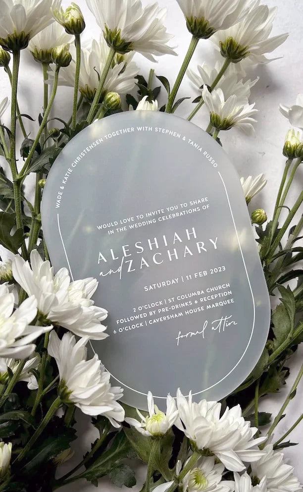 Aleshiah Zachary Double Arch Acrylic Wedding Invitation White Ink Print by Felicitations Wedding and Event Stationery Perth