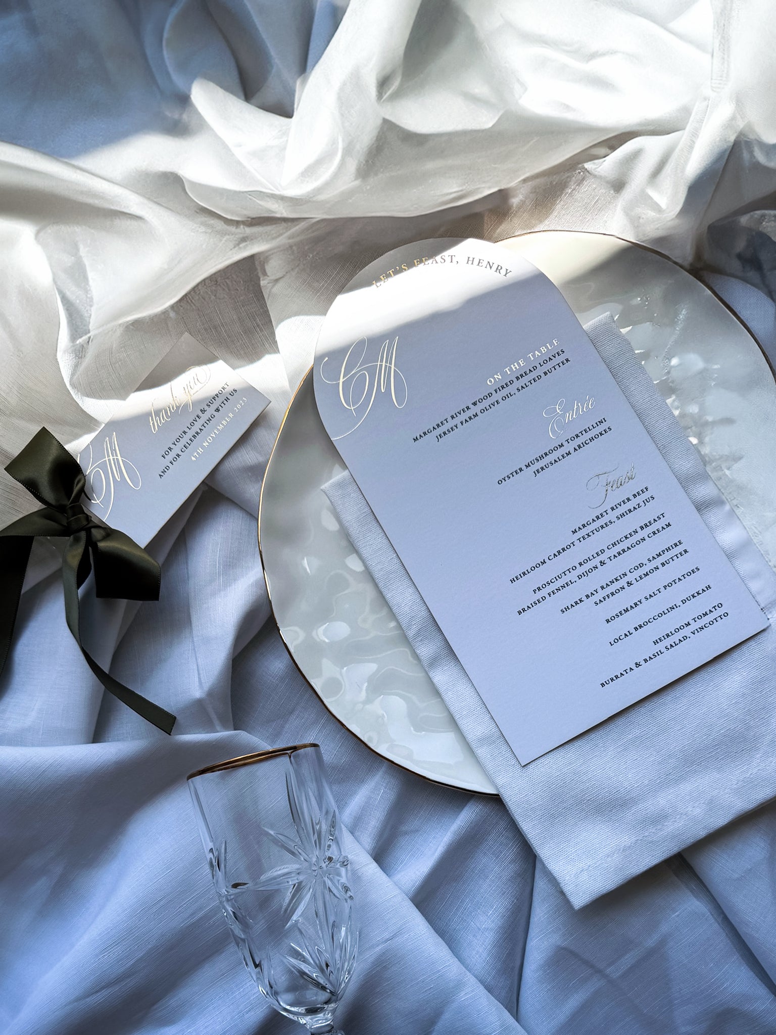 Arche Wedding Menu with Gold Foil and Thank You Tag with Ribbon by Felicitations