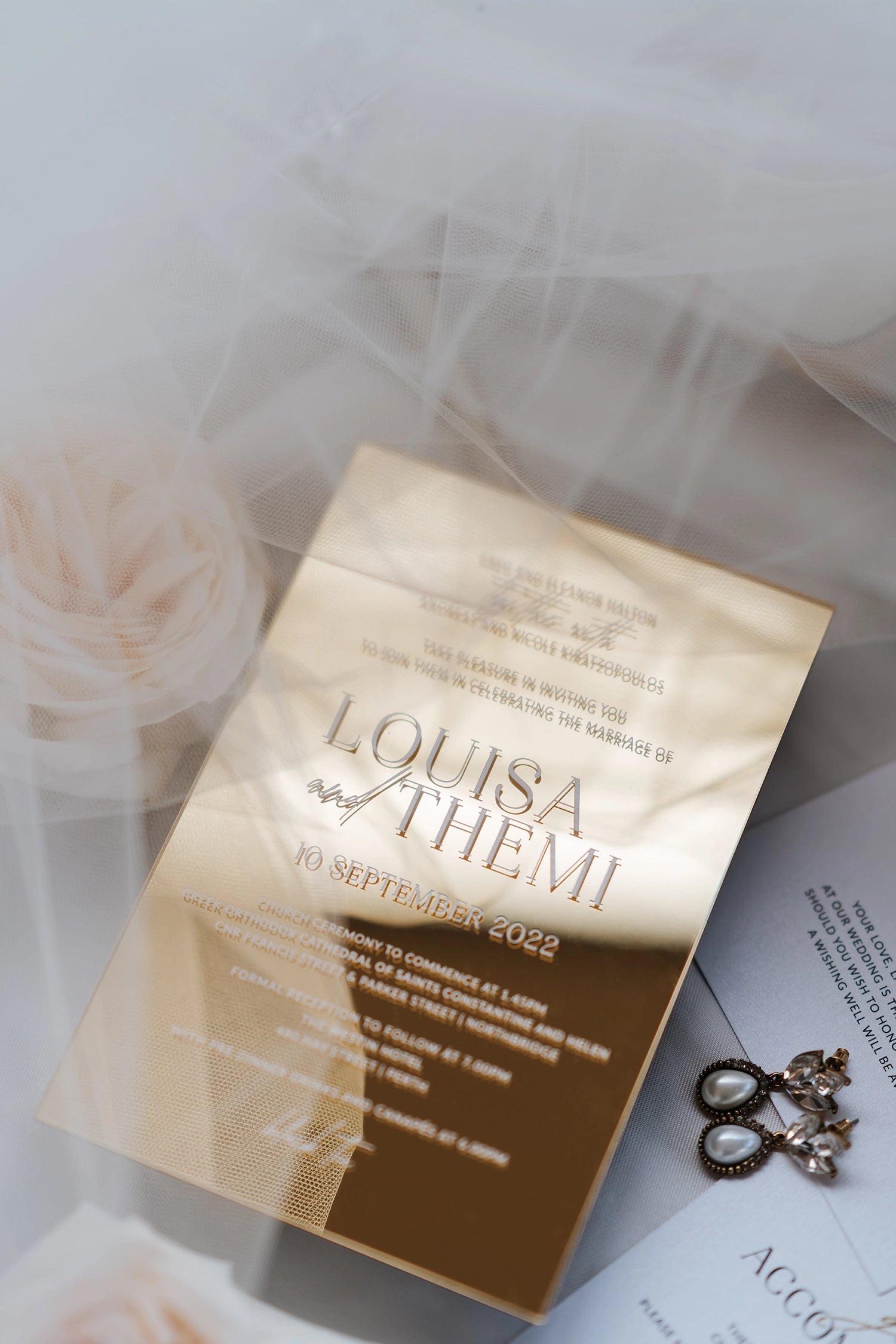 Gold Acrylic Invitations by Felicitations wedding stationery
