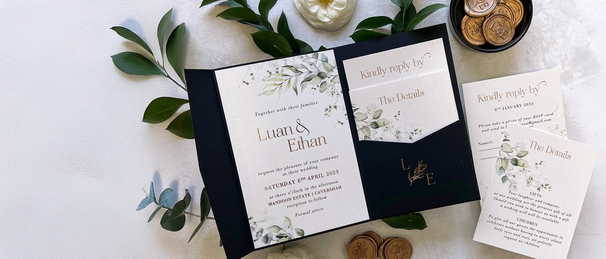 L E Wedding Invitations Set in the Pockets with Gold Foil by Felicitations