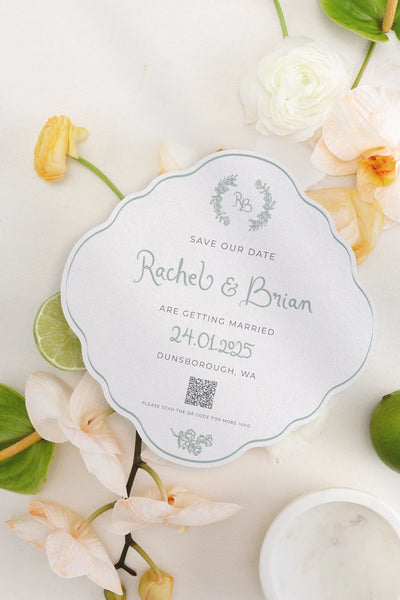 Cloud-shaped Save the Date for Rachel and Brian getting married 24.01.2025 in Dunsborough WA, sage green botanical illustration with QR code