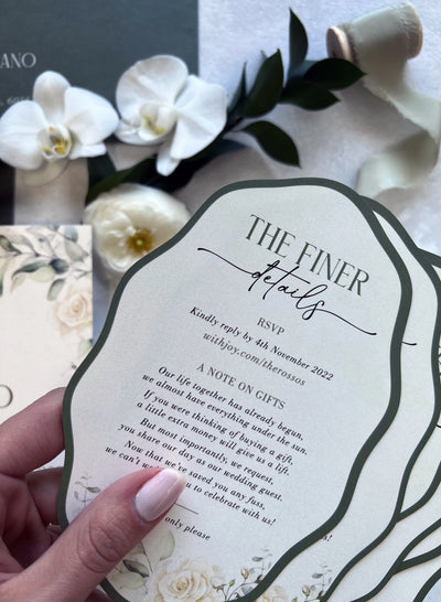 The Sintra Suite The Finer Details information card with botanical illustrations and white orchids by Felicitations