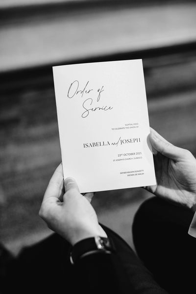 Classic wedding order of service booklet for Isabella and Joseph nuptial mass at St Joseph Church by Felicitations