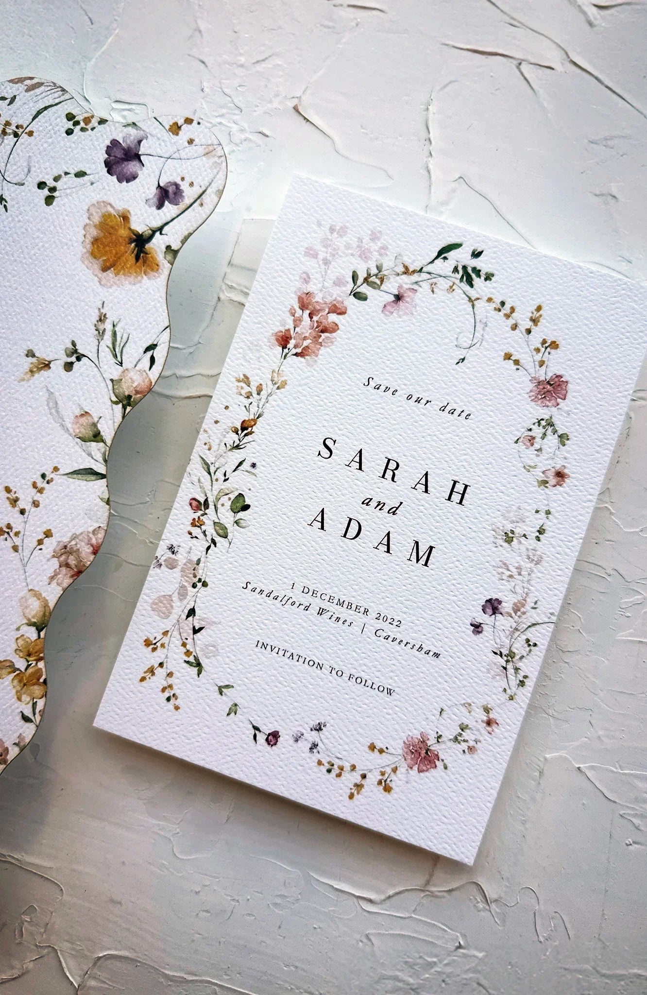 Floral wreath Save the Date for Sarah and Adam December 2022 Sandalford Estate Caversham, watercolour wildflowers in pink and ochre