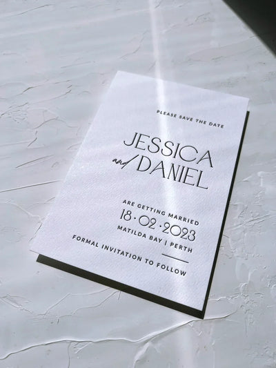 Letterpress Save the Date for Jessica and Daniel 18.02.2023 Matilda Bay Perth, deboss typography on textured cotton paper