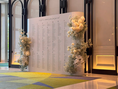 Large wedding seating chart at luxe ballroom reception, framed by towering white roses and baby's breath floral installations