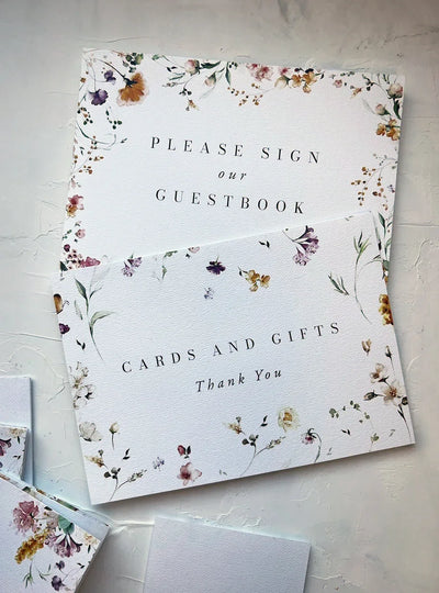 Wedding small signage with watercolor wildflower border reading Please Sign Our Guestbook and Cards and Gifts by Felicitations
