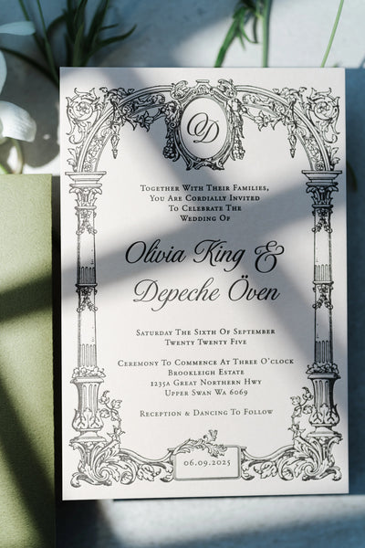 The Bordeaux Suite ornate vintage wedding invitation with classical column borders and OD monogram for Brookleigh Estate ceremony by Felicitations