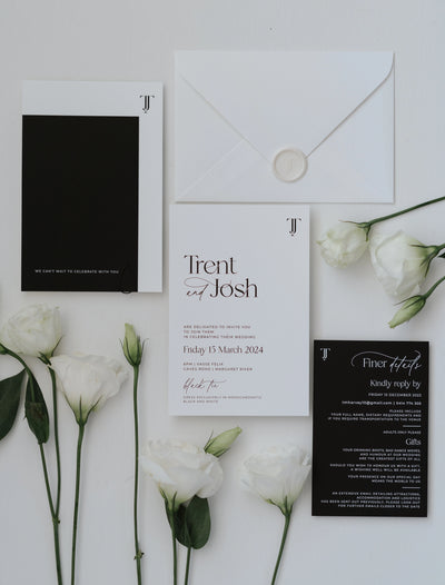 The Copenhagen Suite black and white modern wedding invitation suite for Trent and Josh with TJ monogram envelope and finer details card by Felicitations