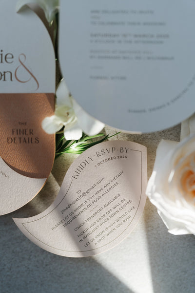 The Dolomites Suite finer details and arch RSVP card with copper foil accents by Felicitations Wedding Stationery