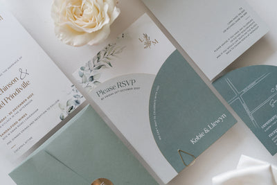 The Garda Suite arch RSVP card with eucalyptus illustrations and sage envelope by Felicitations Wedding Stationery