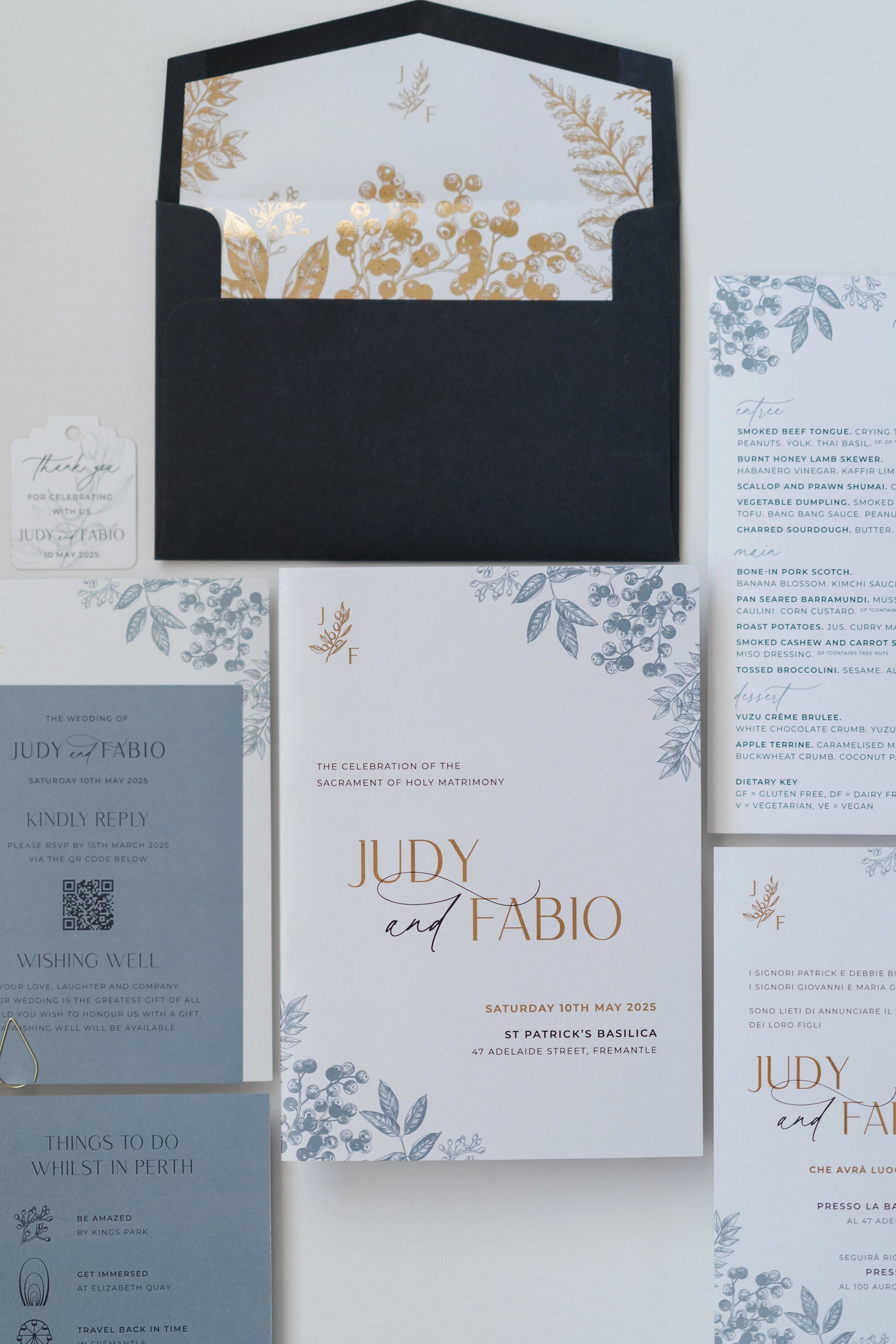 The Geneva Suite ceremony booklet for Judy and Fabio at St Patricks Basilica with menu and finer details cards by Felicitations