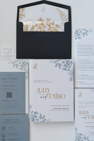 The Geneva Suite ceremony booklet for Judy and Fabio at St Patricks Basilica with menu and finer details cards by Felicitations