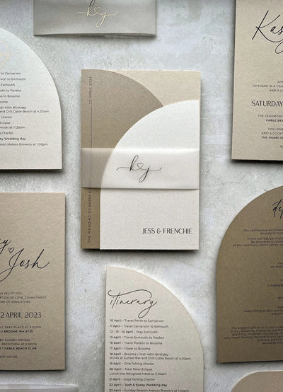 The Portofino Suite kraft cream wedding invitation flat lay for Jess and Frenchie with vellum belly band kj monogram and itinerary card by Felicitations