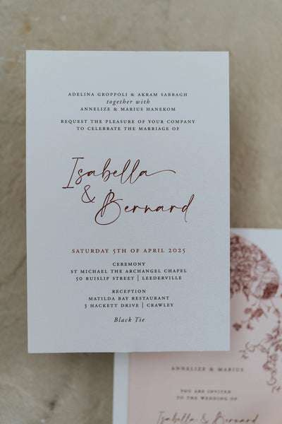 The Lisbon suite main wedding invitation for Isabella and Bernard, traditional letterpress with burgundy script names on cream paper, formal Black Tie ceremony at Matilda Bay
