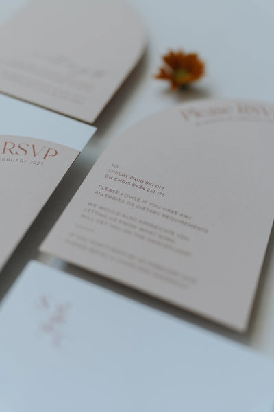 The Siena Suite RSVP card detail with allergy questions and contact info by Felicitations Wedding Stationery