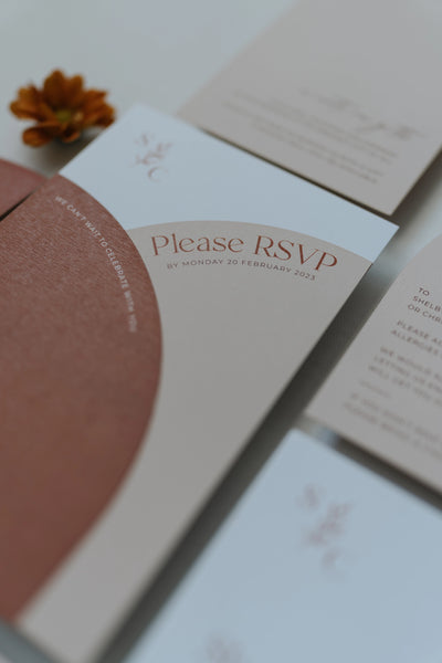 The Siena Suite Please RSVP arch card with terracotta detail and SC monogram by Felicitations Wedding Stationery
