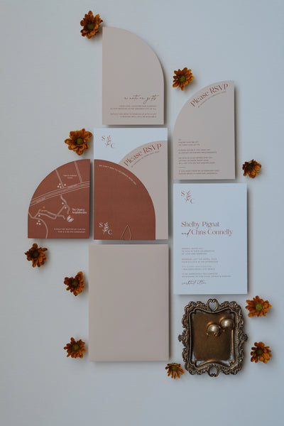 The Siena Suite full wedding invitation set with map card RSVP cards and main invitation in blush and terracotta by Felicitations