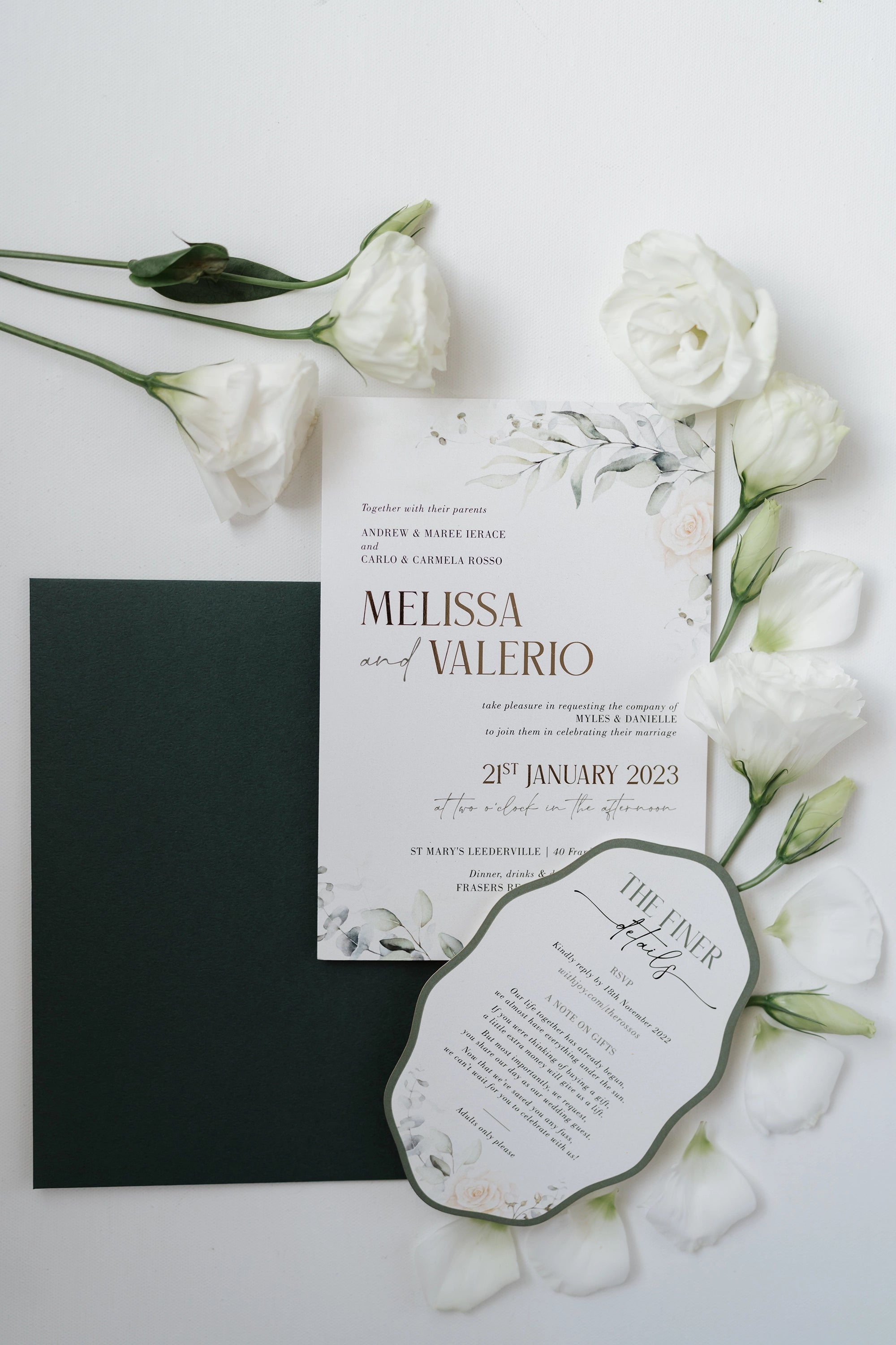 The Sintra Suite white wedding invitation for Melissa and Valerio with watercolor greenery and finer details arch card by Felicitations