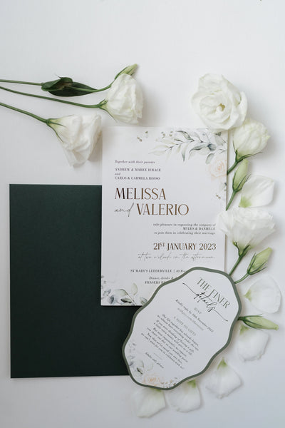 The Sintra Suite white wedding invitation for Melissa and Valerio with watercolor greenery and finer details arch card by Felicitations