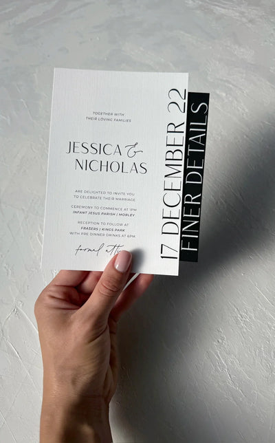 The St Moritz Suite white wedding invitation with Finer Details black side panel for Jessica and Nicholas by Felicitations