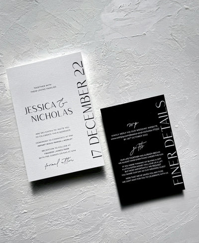 The St Moritz Suite black and white modern wedding invitation with Jessica and Nicholas names and finer details RSVP card by Felicitations