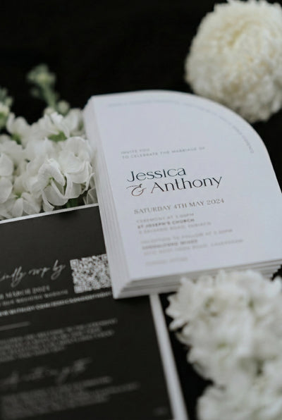 The Stockholm Suite white arch wedding invitation for Jessica and Anthony at St Josephs Church with black RSVP card by Felicitations