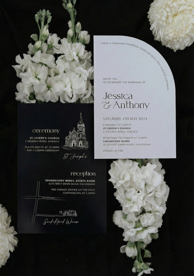 The Stockholm Suite arch invitation with black ceremony and reception detail cards featuring St Josephs Church and Sandalford Wines illustrations by Felicitations