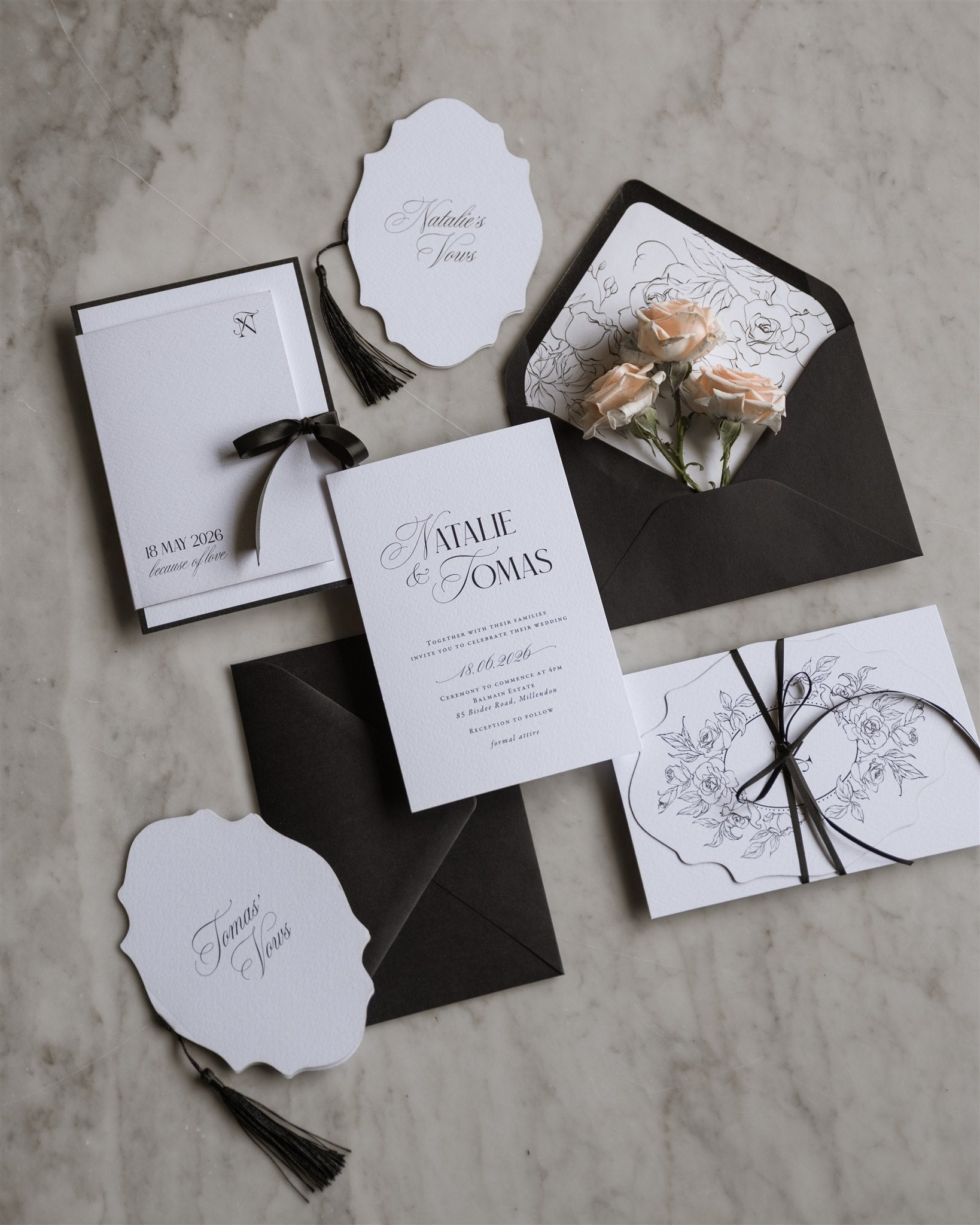 The Verona Suite full wedding stationery set with black ribbon Save the Date Natalies Vows tassel cards and floral envelope liner by Felicitations
