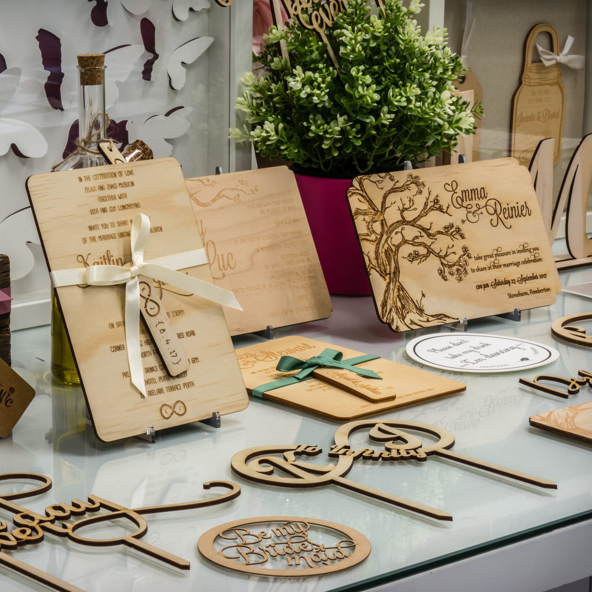 wooden invitations and stationery